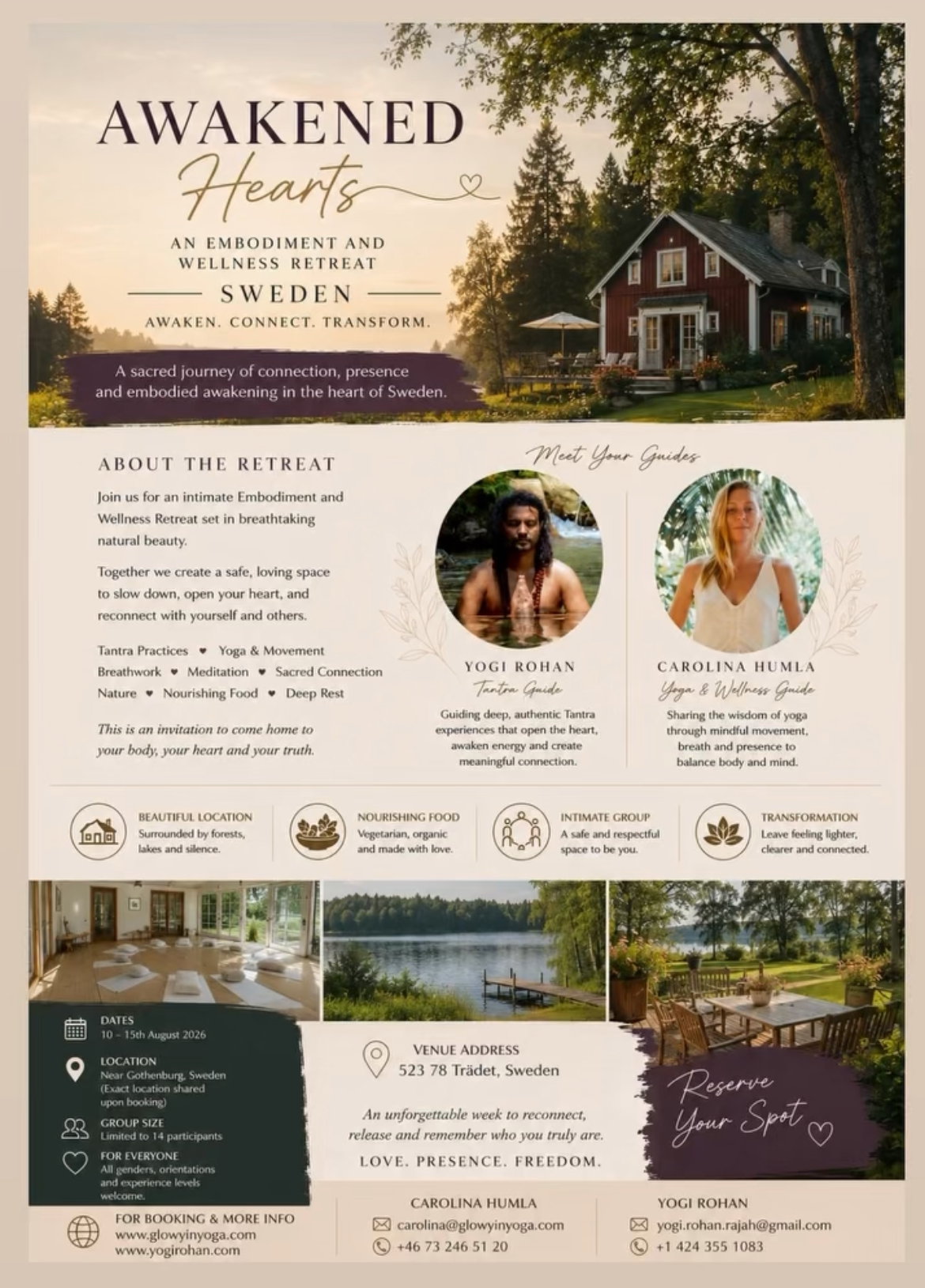Awakened Hearts Sweden retreat flyer with August 5-10 dates, Sweden location, facilitator photos, and registration details