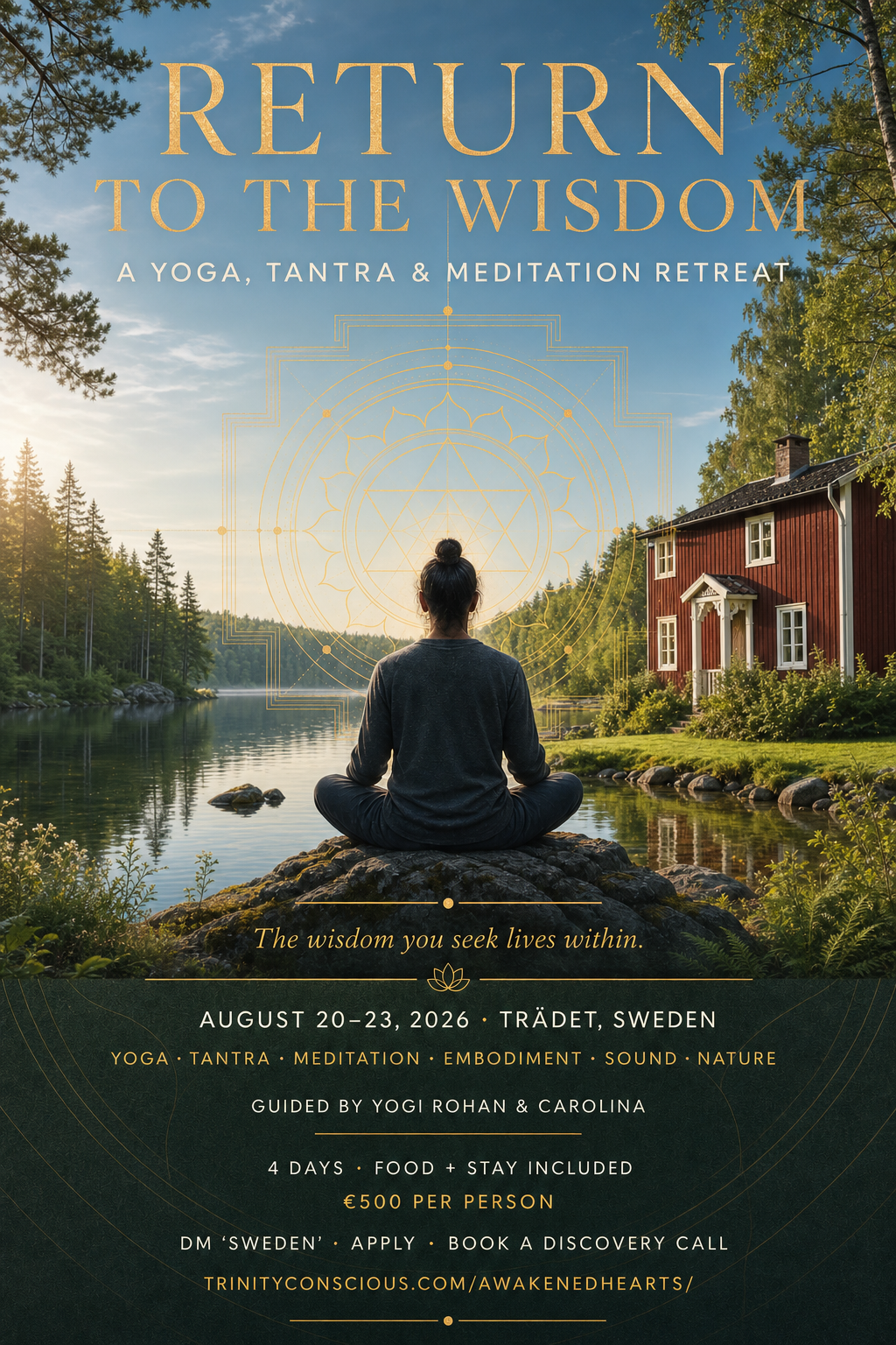 Return to the Wisdom flyer: bright daytime Swedish lake, green forest, red timber retreat centre, meditating figure, and antique-gold mandala