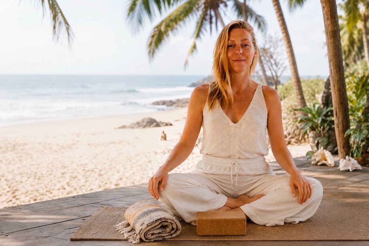 Carolina seated in meditation on a beach