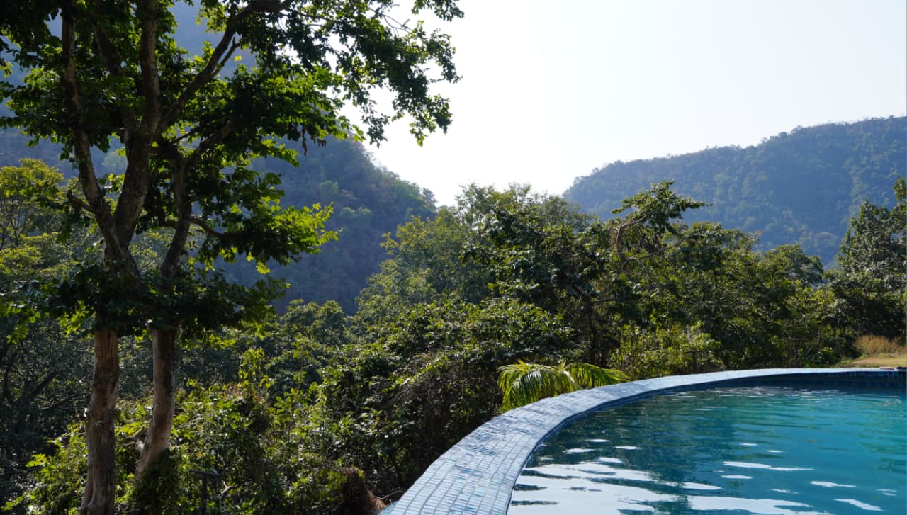 Infinity pool looking toward the forested Himalayan hills at High Bank Himalayan Retreat