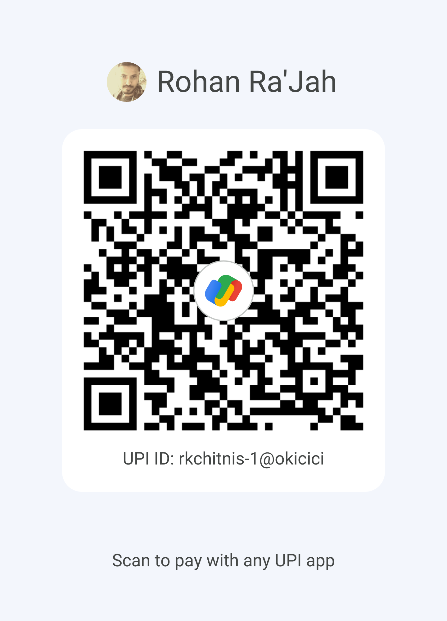 Approved UPI QR code for Rohan Ra'Jah